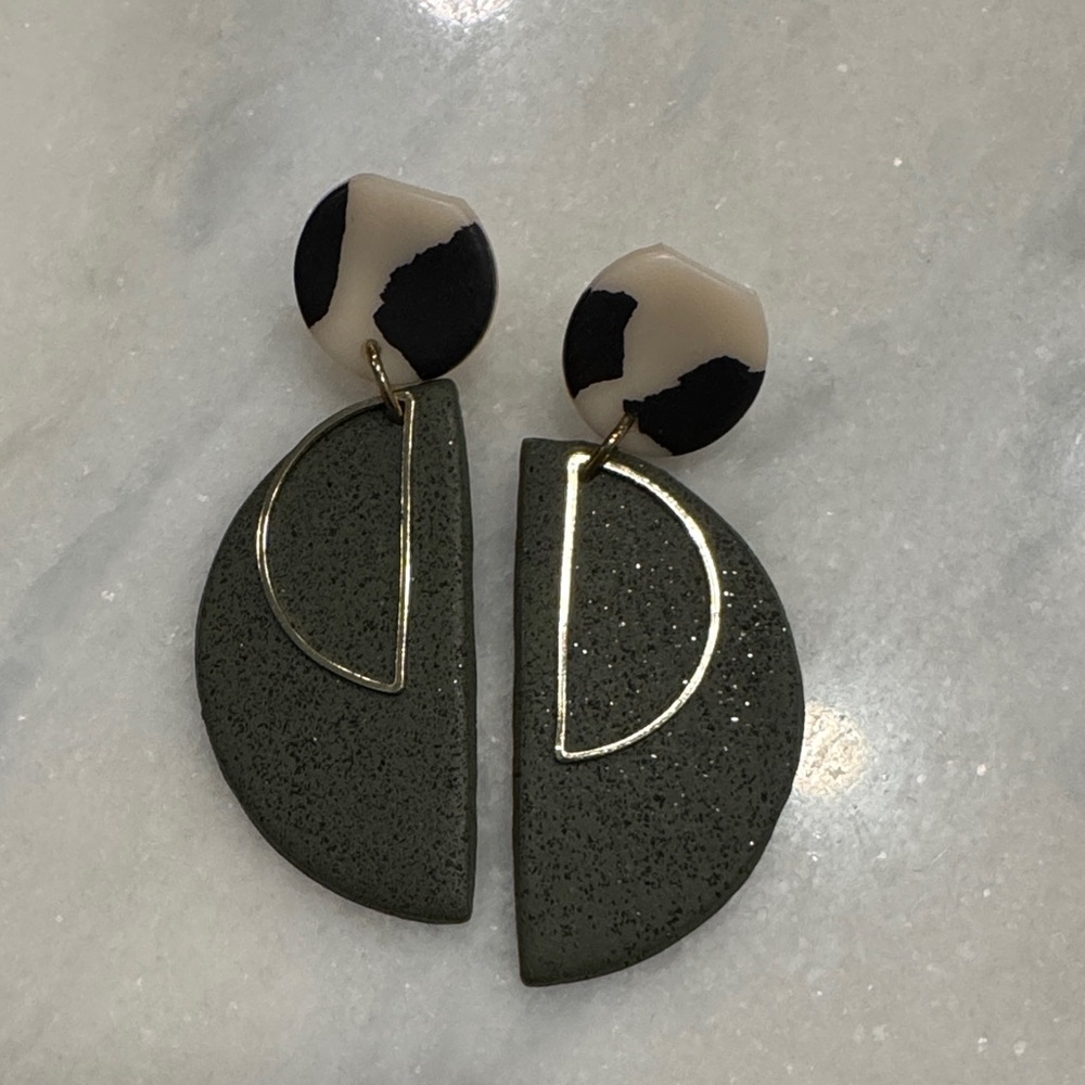 Chic Black, Cream, and Green Clay Earrings (lightweight!)
